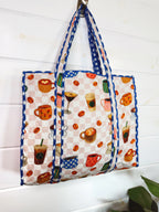 Quilted Cotton Reversible Large Tote Bag - Coffee Shop Print