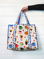 Quilted Cotton Reversible Large Tote Bag - Coffee Shop Print