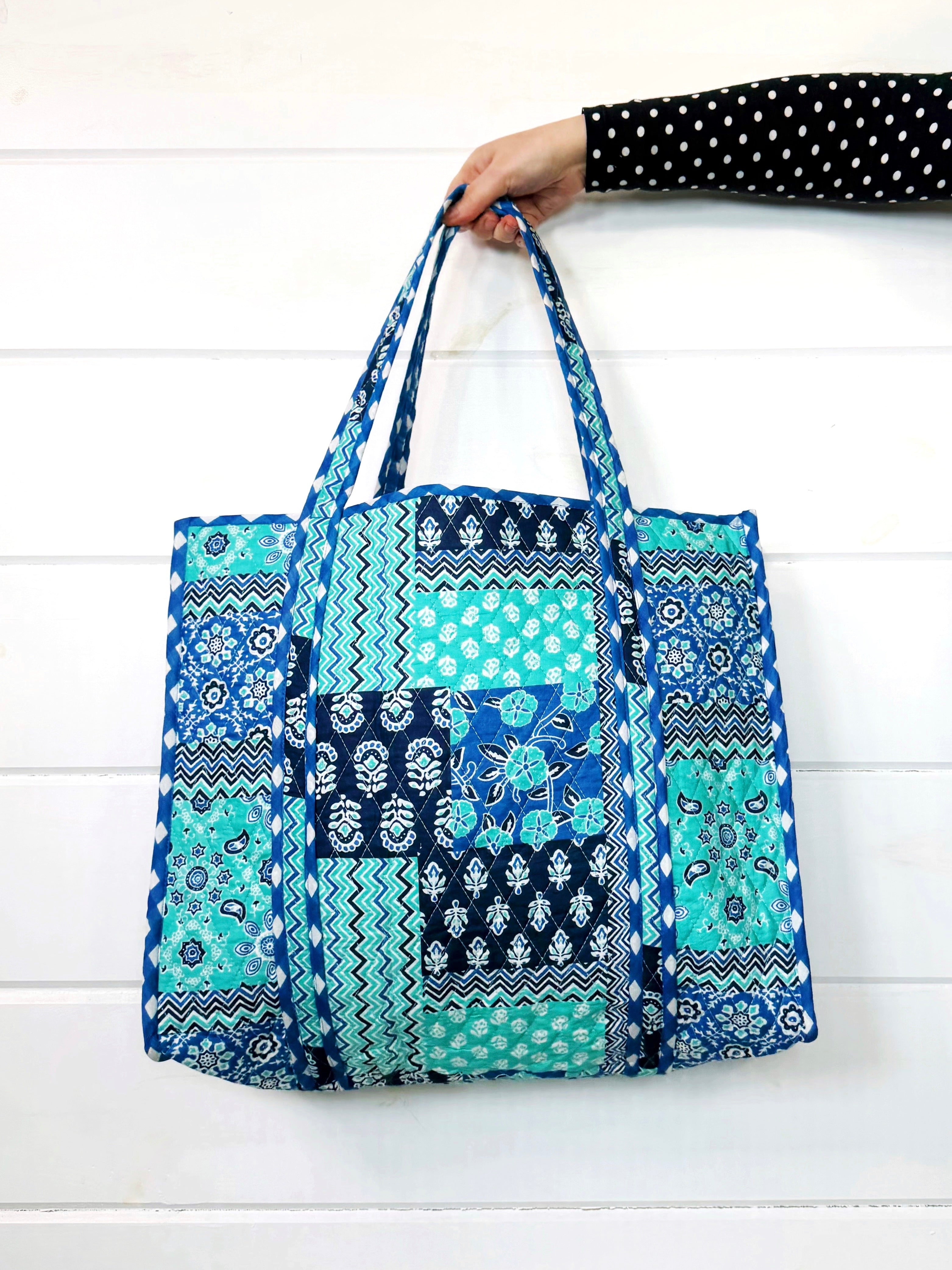 Quilted Large Tote Bag - Blue Aqua Bandana Print – Folklore Couture