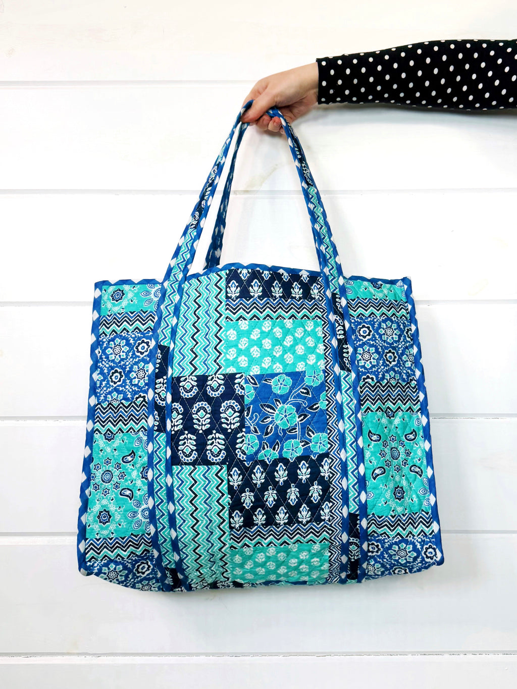 Quilted Large Tote Bag - Blue Aqua Bandana Print