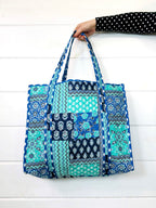 Quilted Large Tote Bag - Blue Aqua Bandana Print