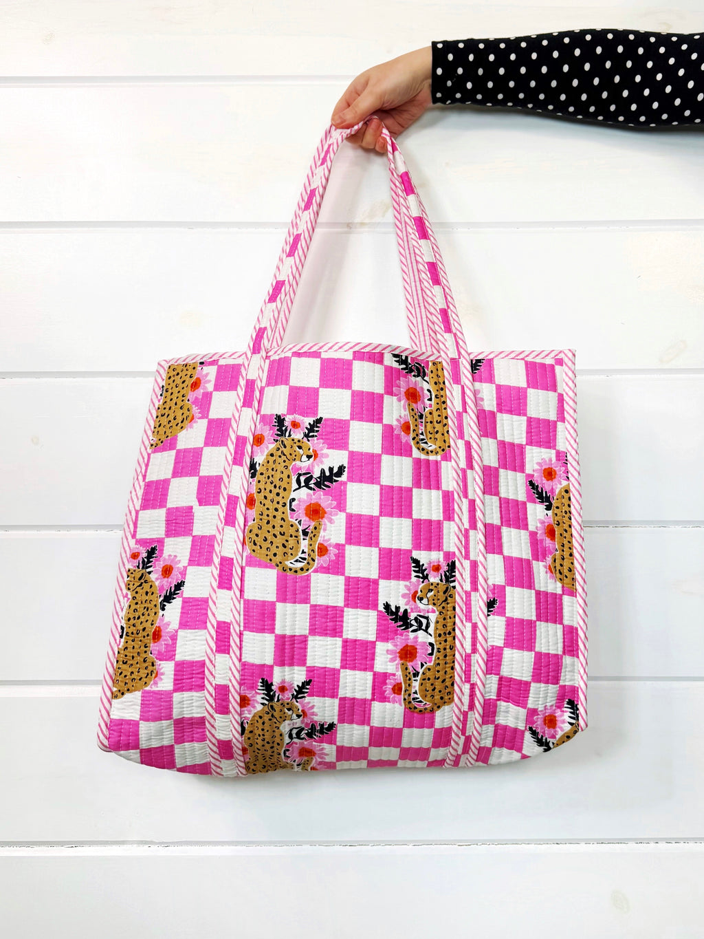 Pink Checkered Jaguar Print Quilted Cotton Tote Bag