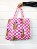 Quilted Cotton Reversible Large Tote Bag - Pink Checkered Jaguar Print