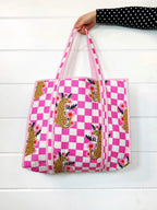 Pink Checkered Jaguar Print Quilted Cotton Tote Bag