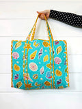 Quilted Large Tote Bag - Aqua Seashell Print