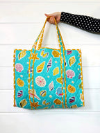 Quilted Large Tote Bag - Aqua Seashell Print