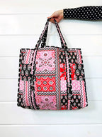 Quilted Large Tote Bag - Pink and Red Bandana Print