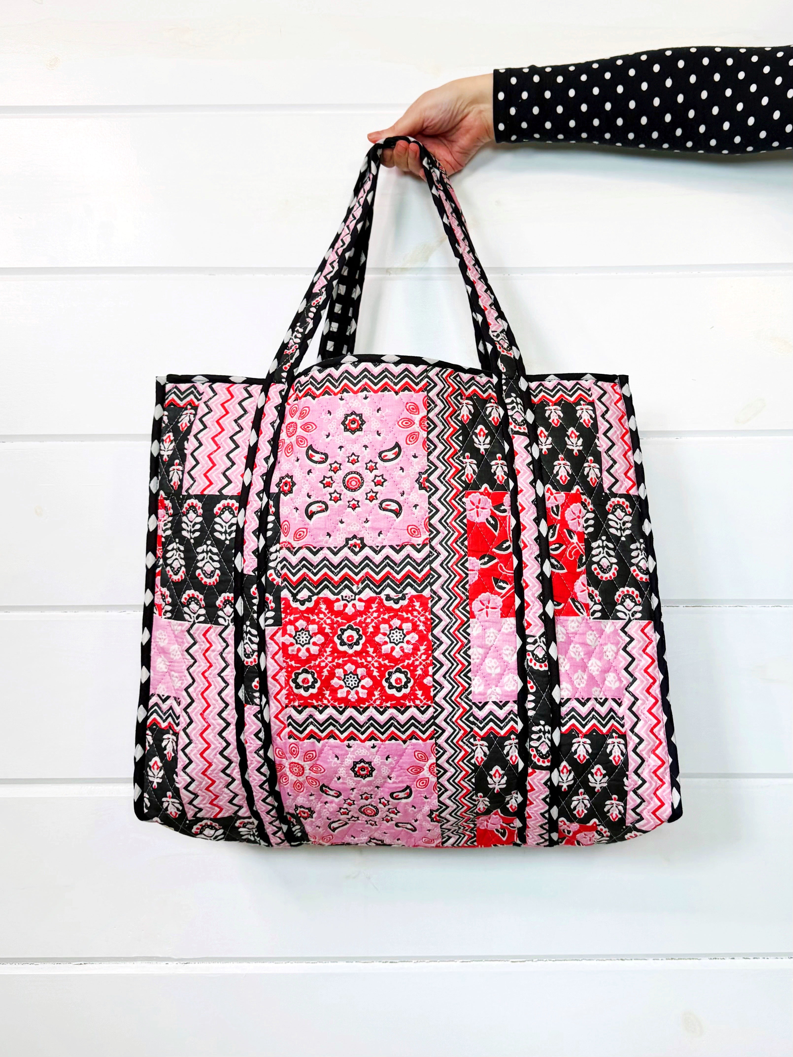Quilted Large Tote Bag - Pink and Red Bandana Print