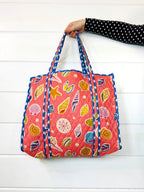 Quilted Large Tote Bag - Coral Seashell Print