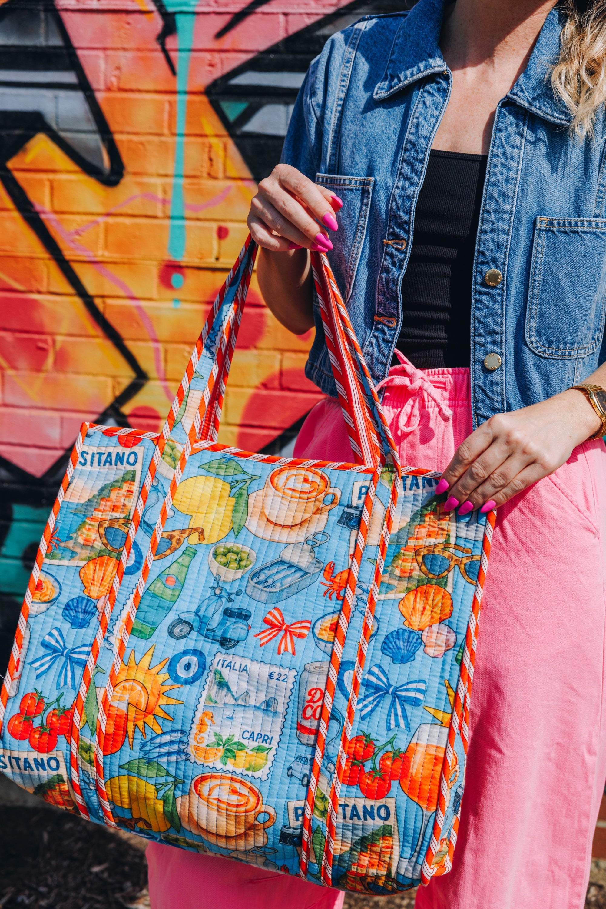 Quilted Cotton Reversible Large Tote Bag - Blue Italian Getaway