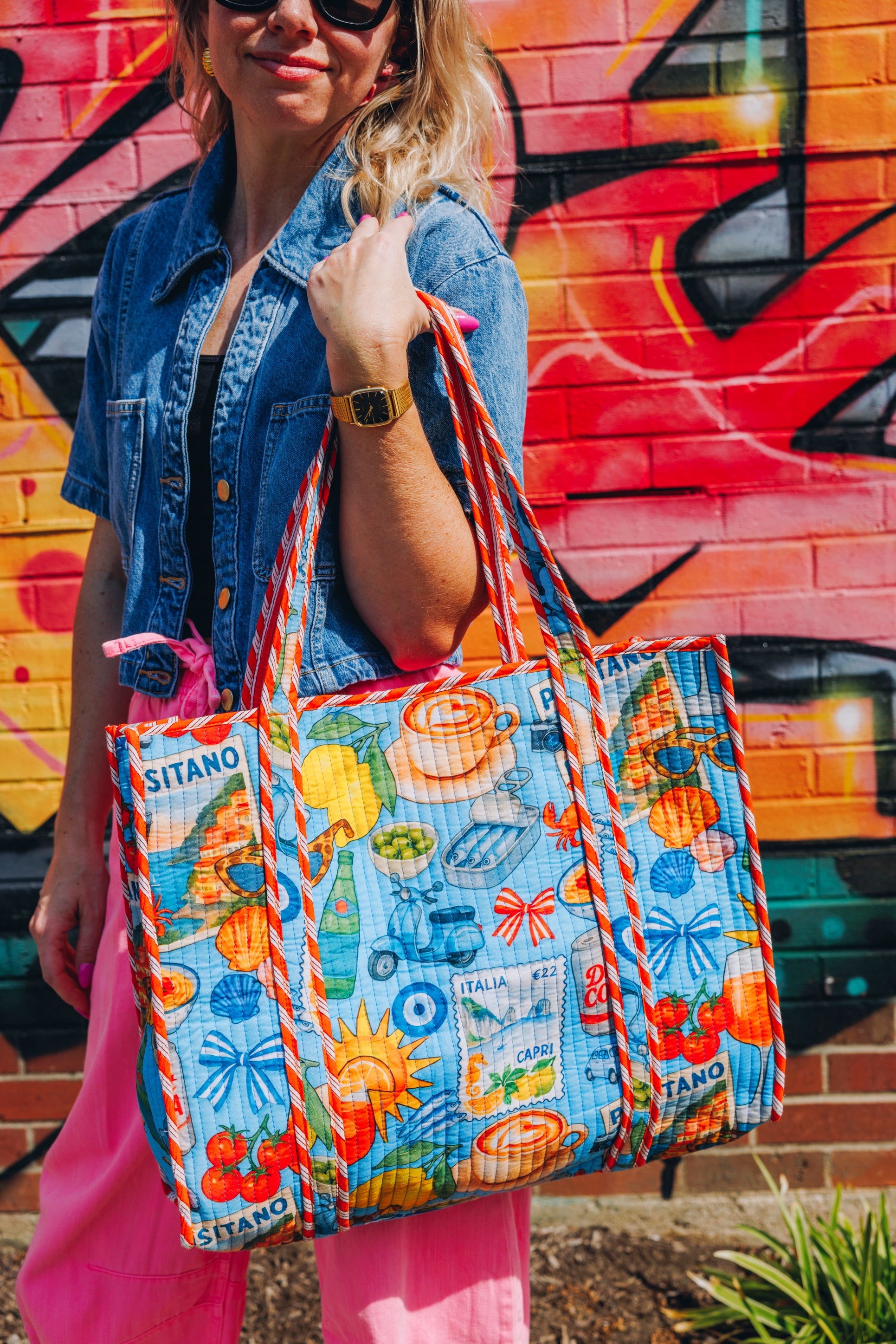 Quilted Cotton Reversible Large Tote Bag - Blue Italian Getaway