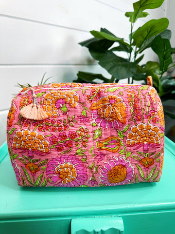 Orange Pink Floral Quilted Makeup Cosmetics Toiletry Bag