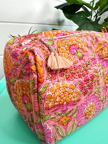 Orange Pink Floral Quilted Makeup Cosmetics Toiletry Bag