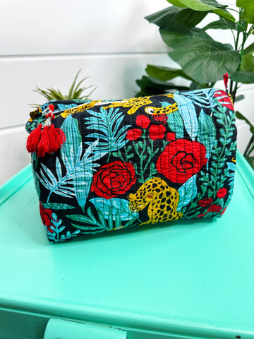 Jaguars and Roses Quilted Makeup Cosmetics Toiletry Bag