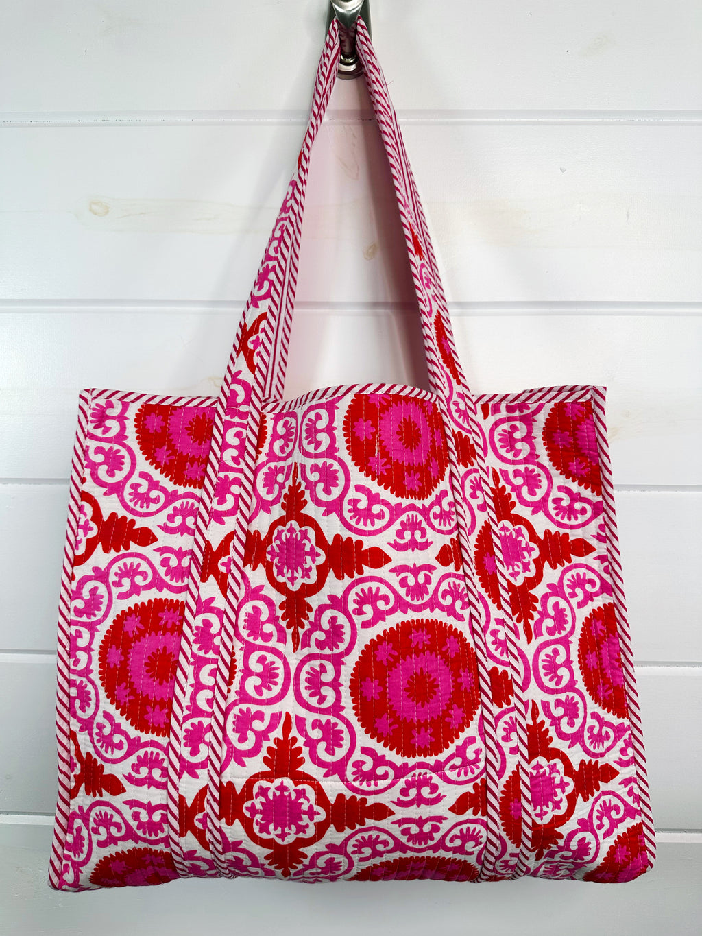 Quilted Cotton Reversible Large Tote Bag - Red and Pink Medallion Print