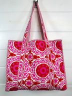 Quilted Cotton Reversible Large Tote Bag - Red and Pink Medallion Print