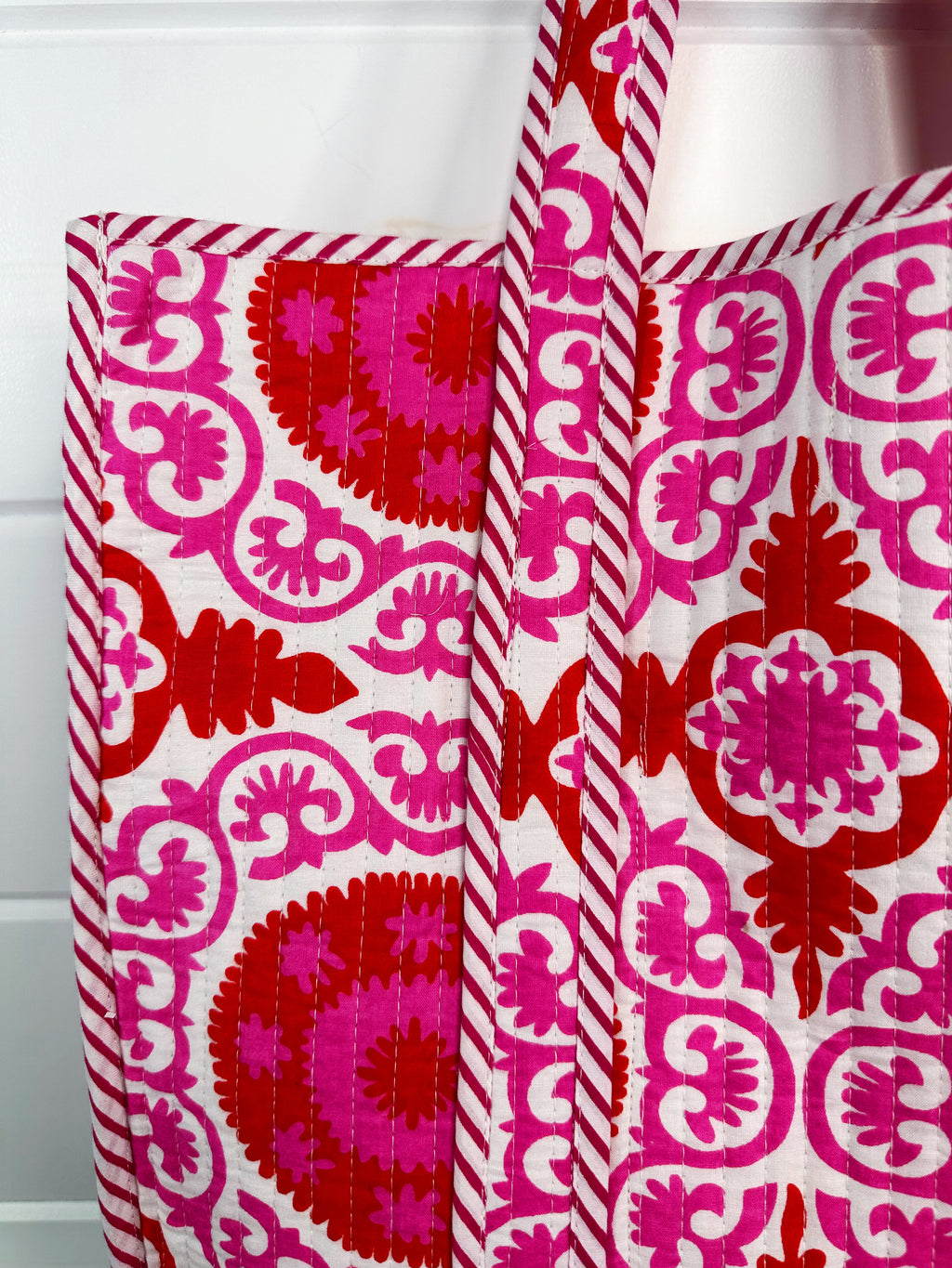 Quilted Cotton Reversible Large Tote Bag - Red and Pink Medallion Print