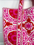 Quilted Cotton Reversible Large Tote Bag - Red and Pink Medallion Print