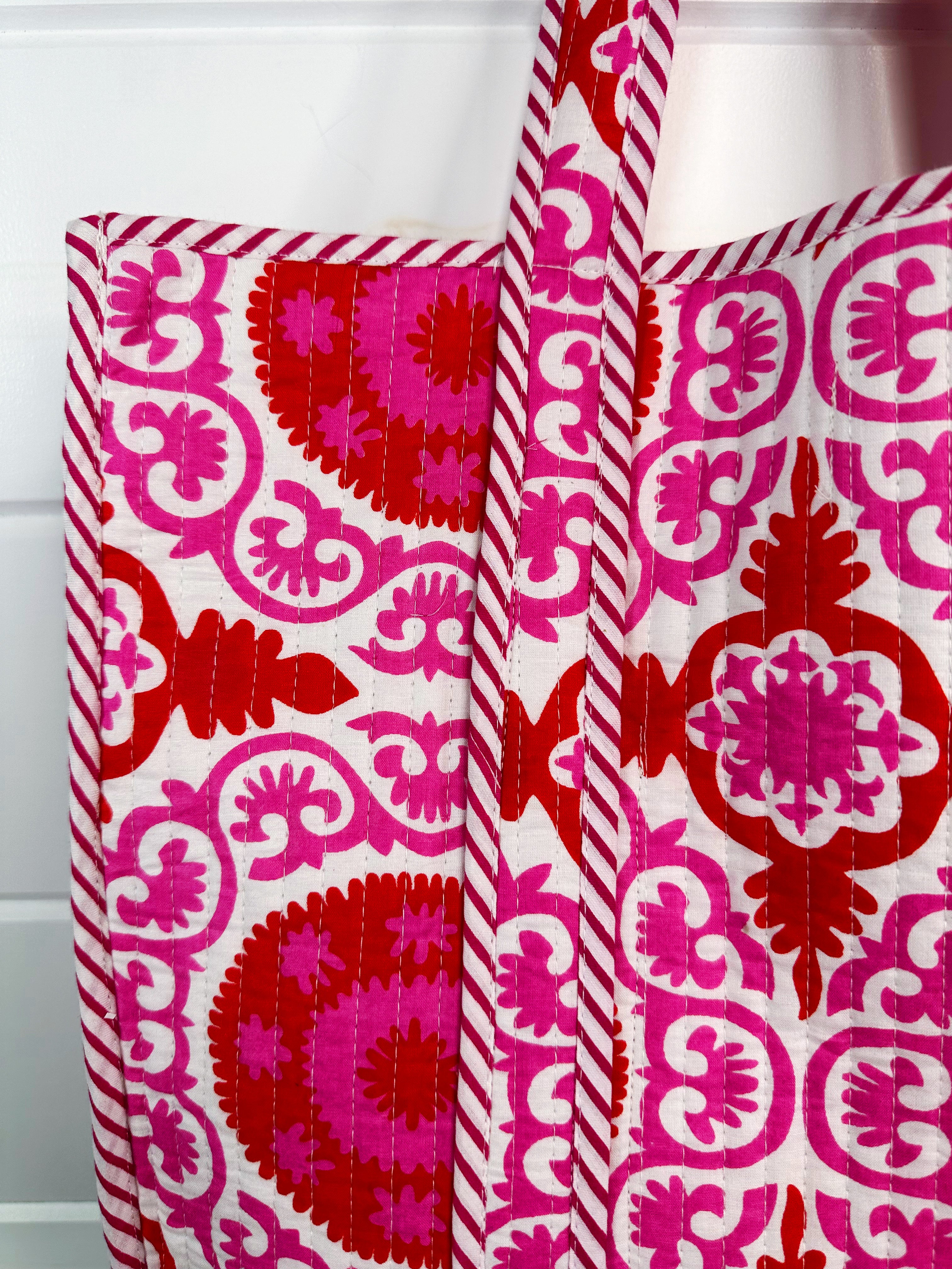 Quilted Cotton Reversible Large Tote Bag - Red and Pink Medallion Print