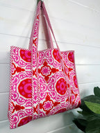 Quilted Cotton Reversible Large Tote Bag - Red and Pink Medallion Print