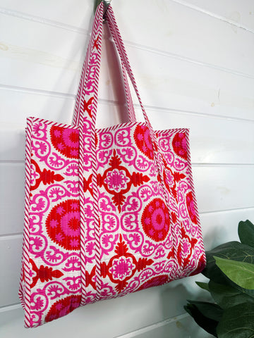 Red Pink Quilted Cotton Block Print Tote Bag