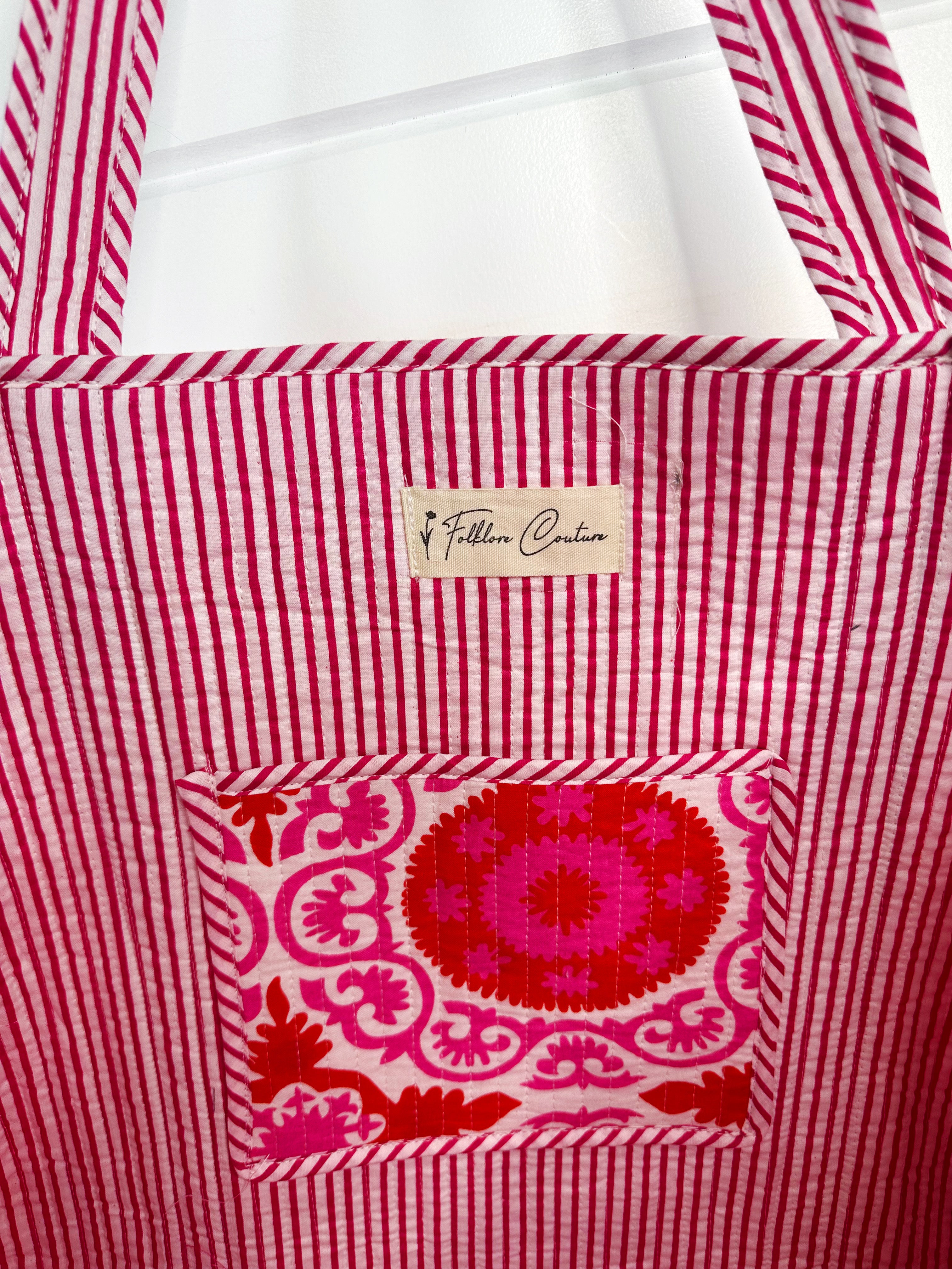 Quilted Cotton Reversible Large Tote Bag - Red and Pink Medallion Print