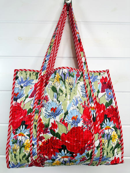 Red Floral Print Quilted Cotton Tote Bag