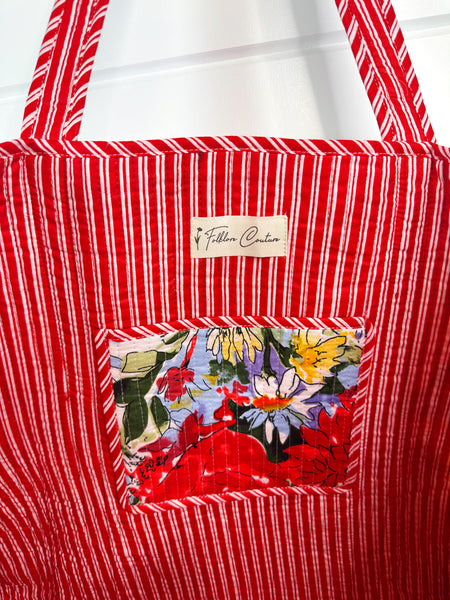 Red Floral Print Quilted Cotton Tote Bag