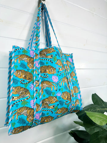 Aqua Tigers Print Quilted Cotton Tote Bag