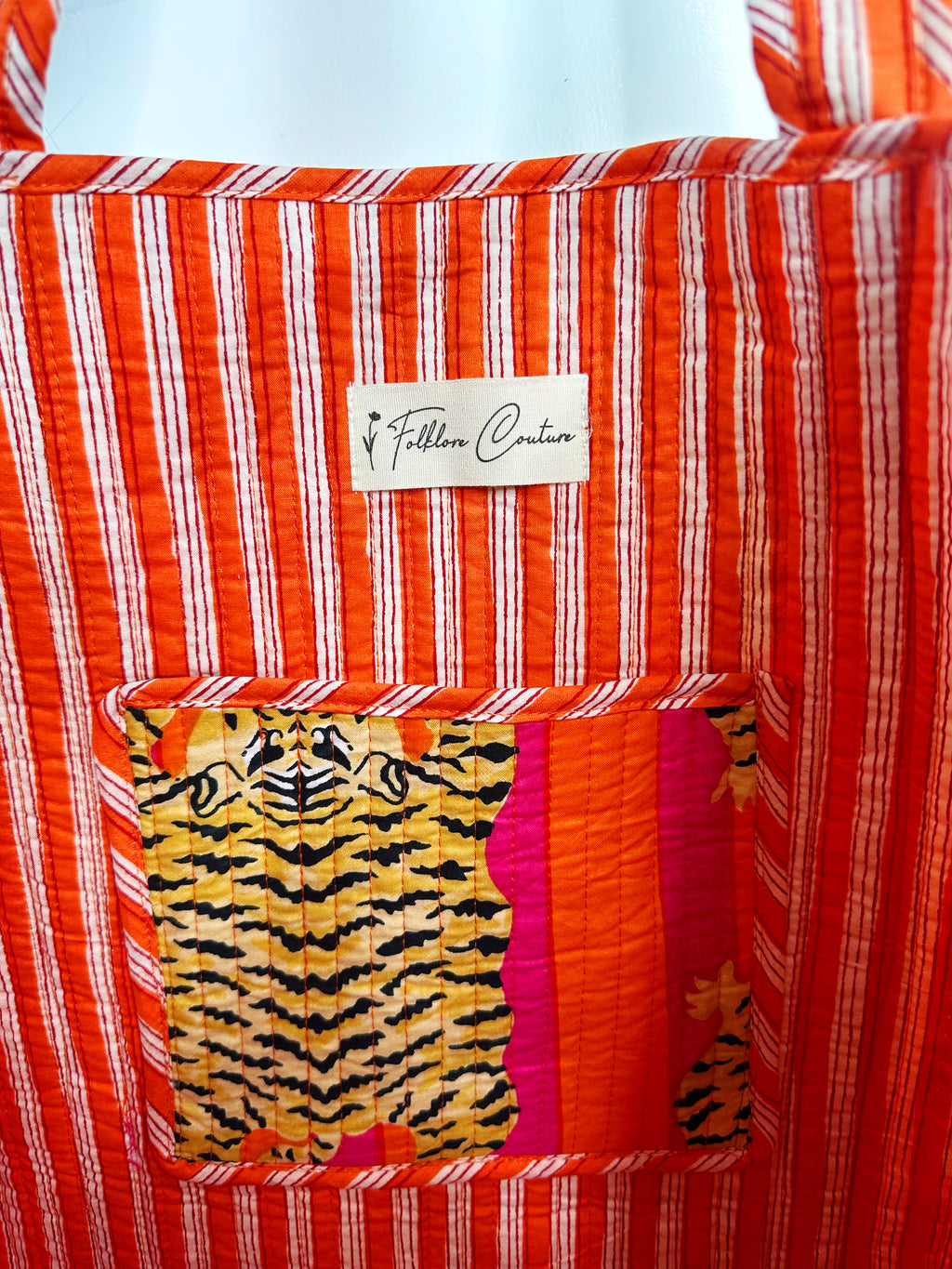 Orange Pink Tiger Print Quilted Cotton Reversible Large Tote Bag