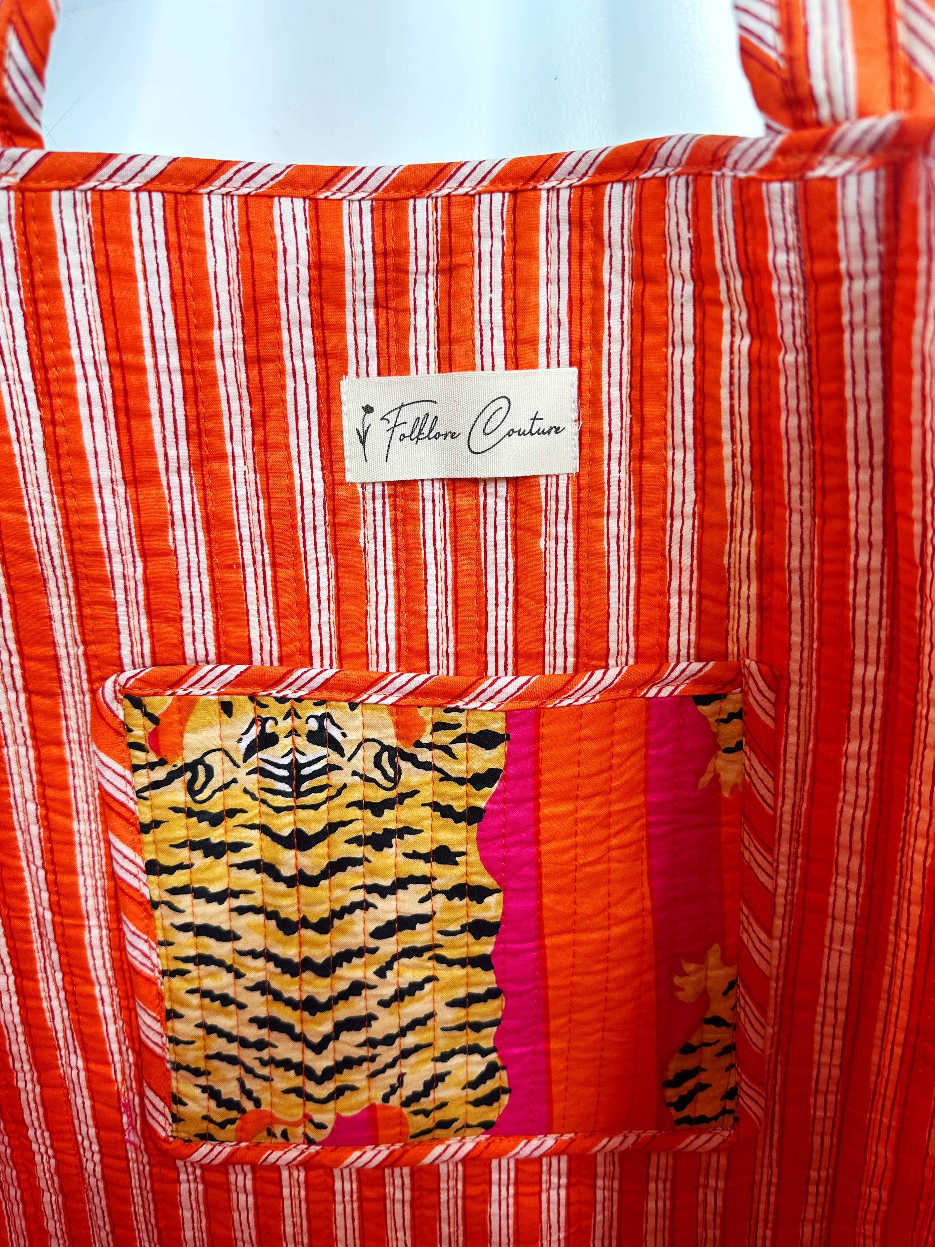 Orange Pink Tiger Print Quilted Cotton Reversible Large Tote Bag