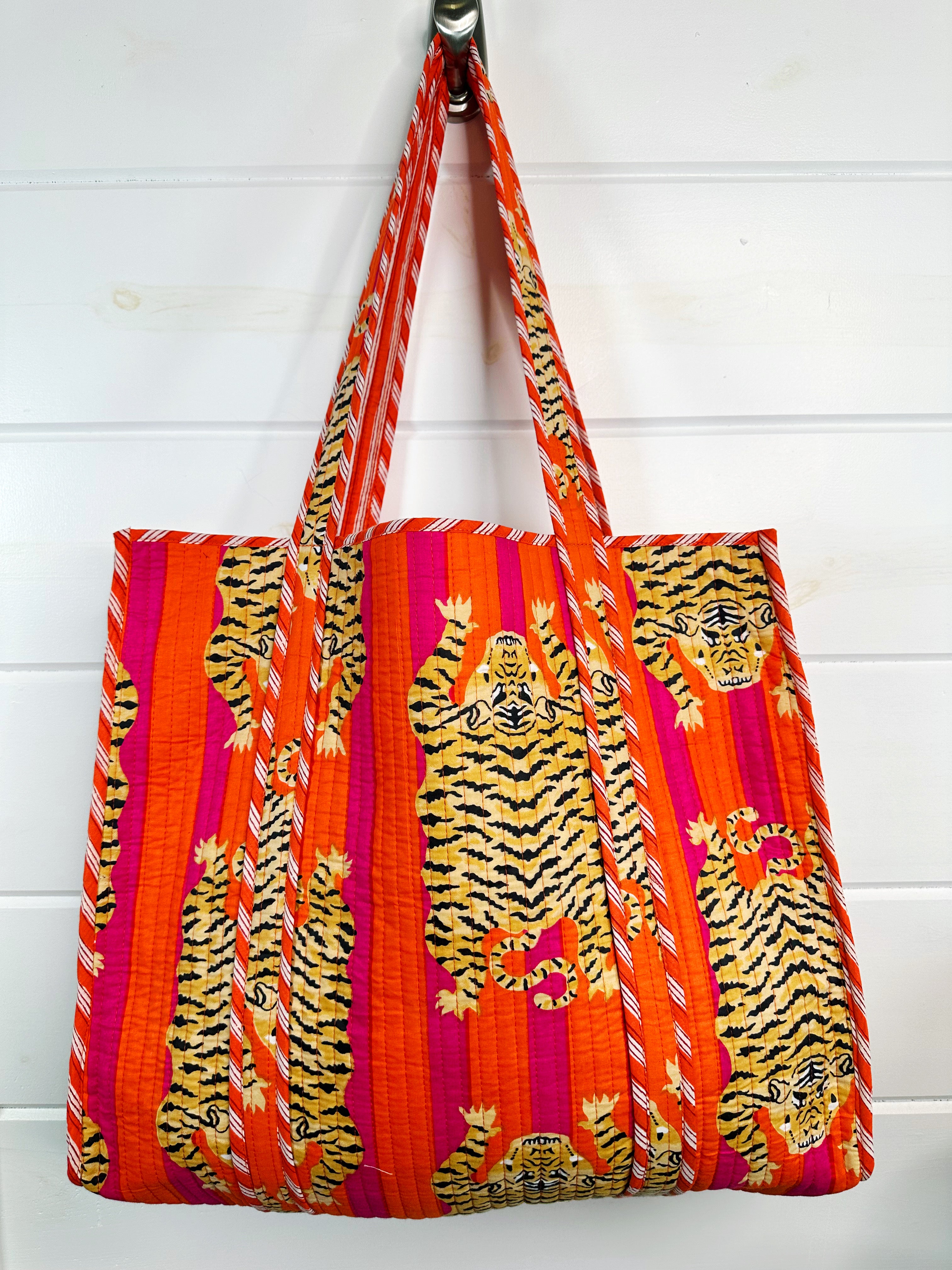 Orange Pink Tiger Print Quilted Cotton Reversible Large Tote Bag