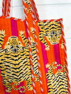 Orange Pink Tiger Print Quilted Cotton Reversible Large Tote Bag