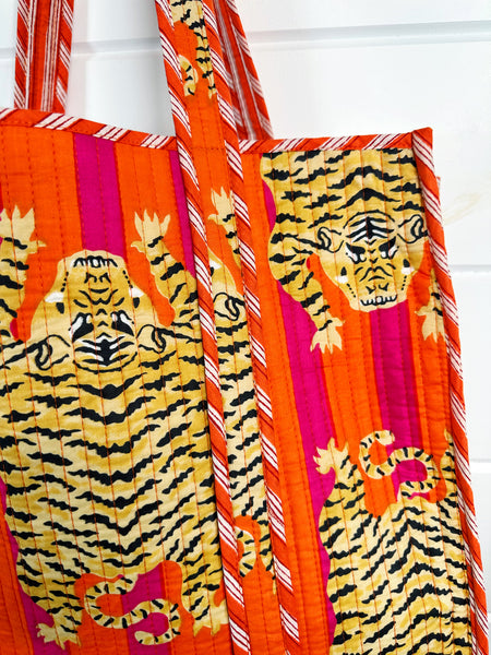 Orange Pink Tiger Print Quilted Cotton Tote Bag