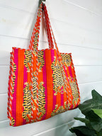 Orange Pink Tiger Print Quilted Cotton Reversible Large Tote Bag