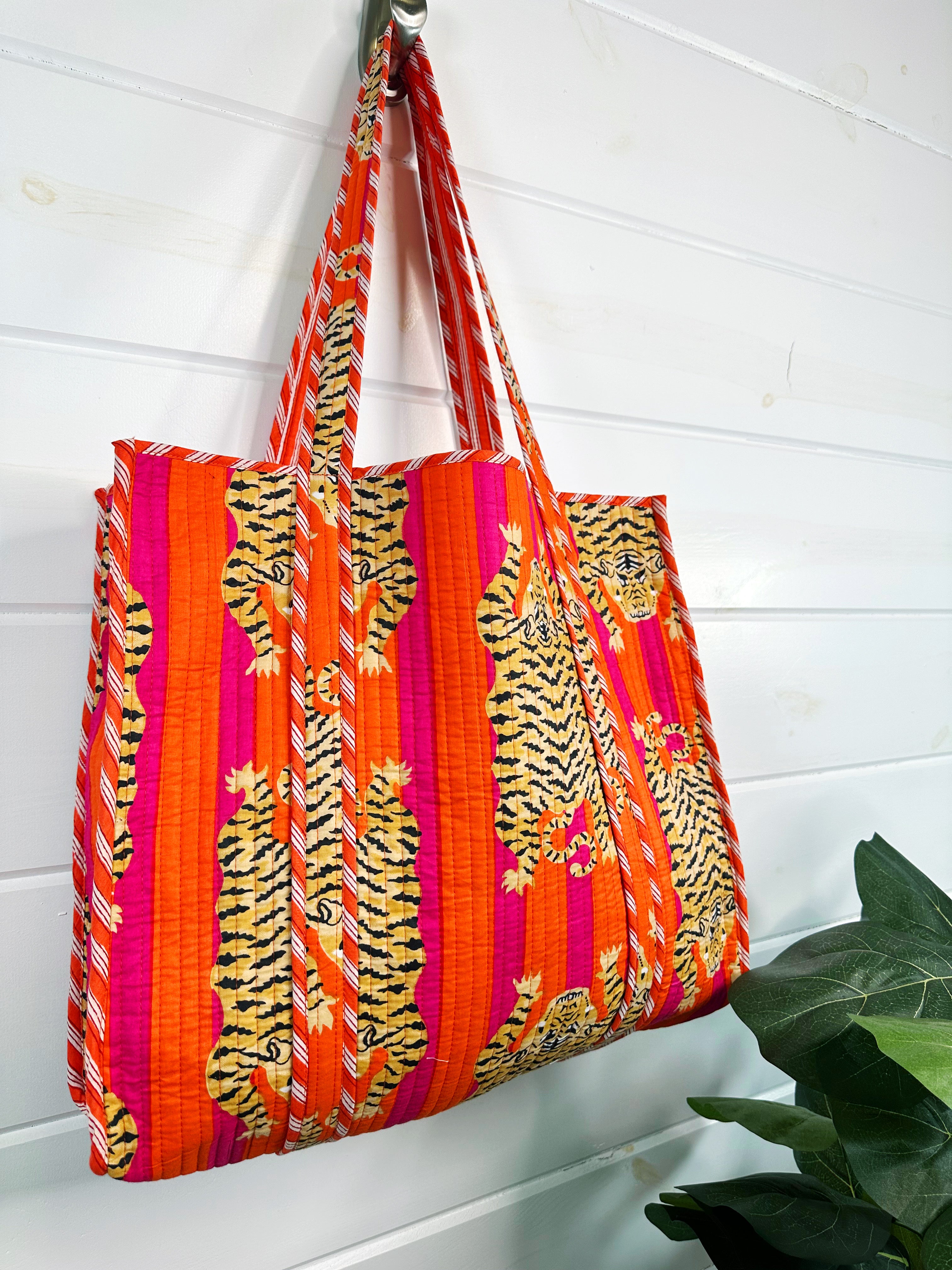 Orange Pink Tiger Print Quilted Cotton Reversible Large Tote Bag