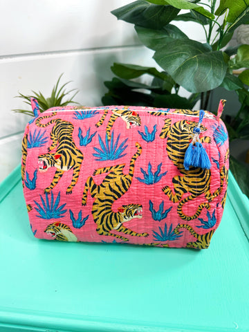 Rose Pink Tiger Print Quilted Makeup Cosmetics Toiletry Bag