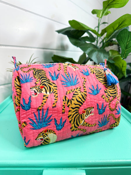 Rose Pink Tiger Print Quilted Makeup Cosmetics Toiletry Bag