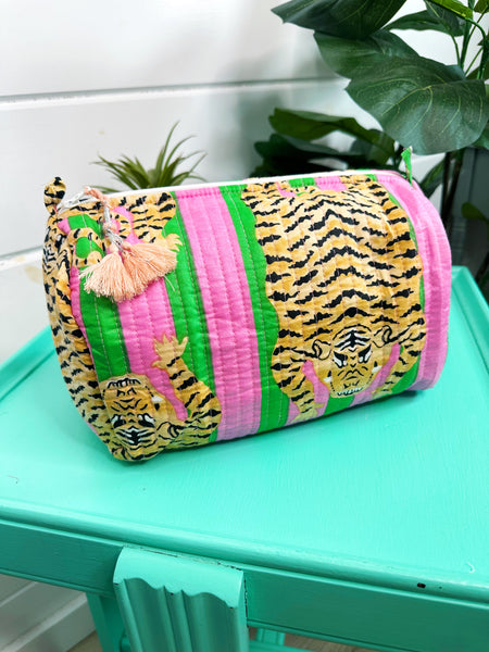 Green Pink Tiger Print Quilted Makeup Cosmetics Toiletry Bag