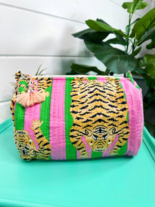 Green Pink Tiger Print Quilted Makeup Cosmetics Toiletry Bag