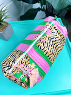 Green Pink Tiger Print Quilted Makeup Cosmetics Toiletry Bag