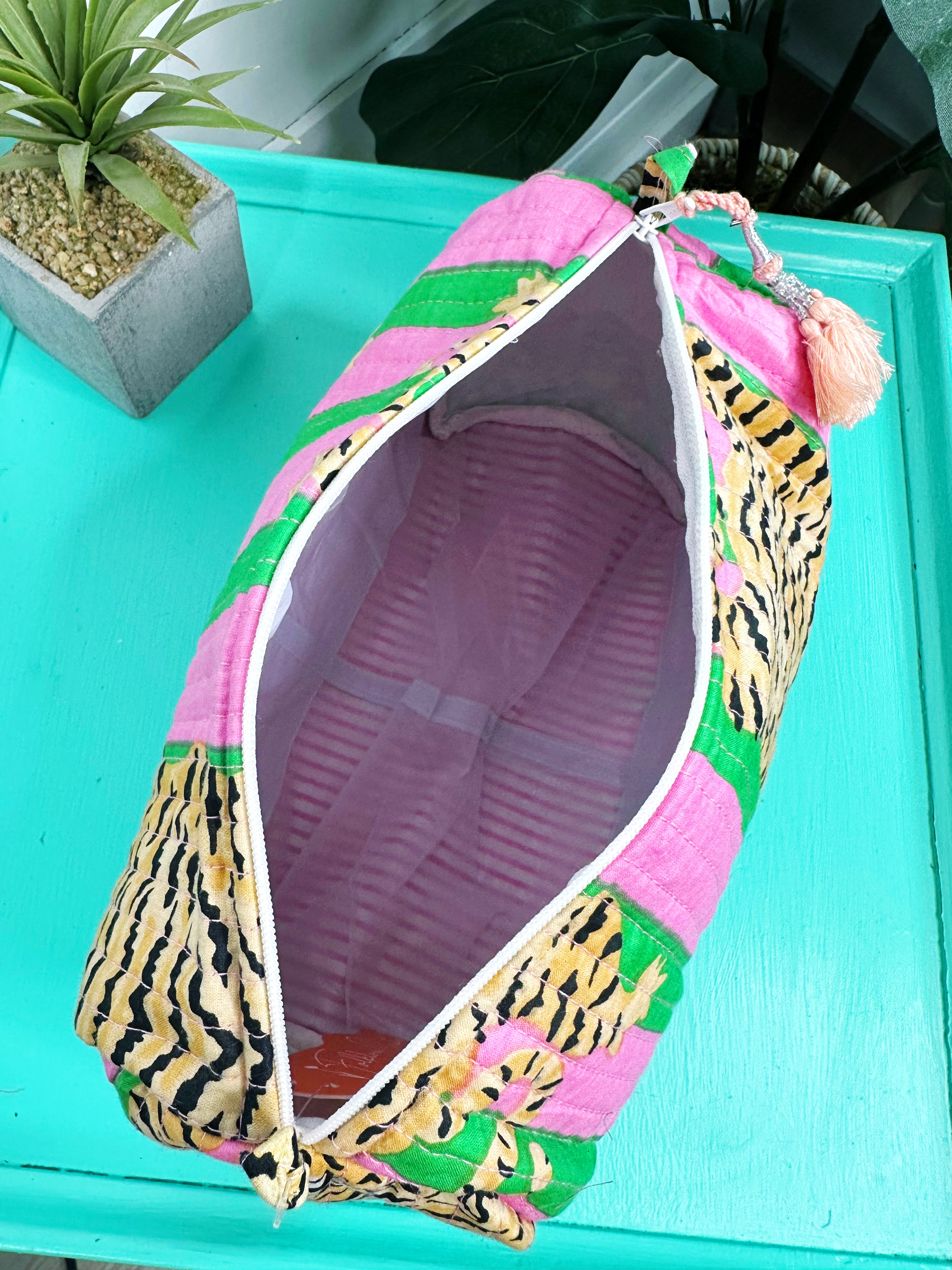 Green Pink Tiger Print Quilted Makeup Cosmetics Toiletry Bag