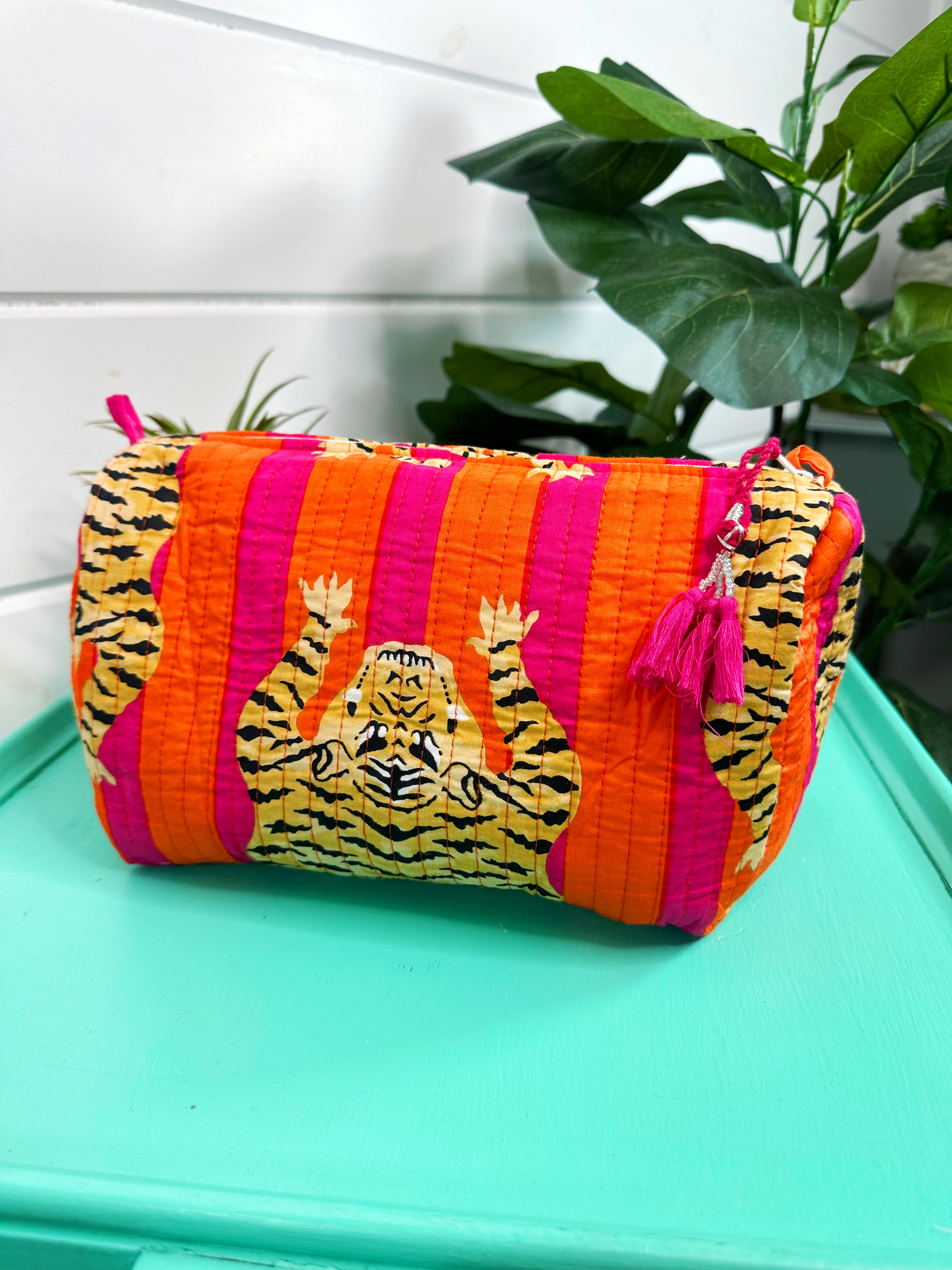 Orange and Pink Tiger Print Quilted Makeup Cosmetics Toiletry Bag