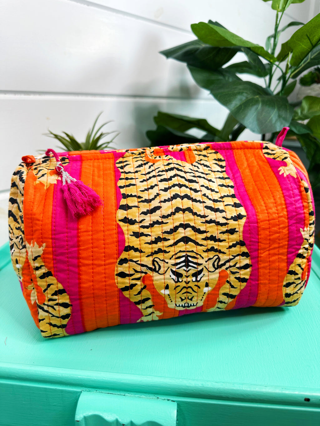 Orange and Pink Tiger Print Quilted Makeup Cosmetics Toiletry Bag