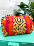 Orange and Pink Tiger Print Quilted Makeup Cosmetics Toiletry Bag