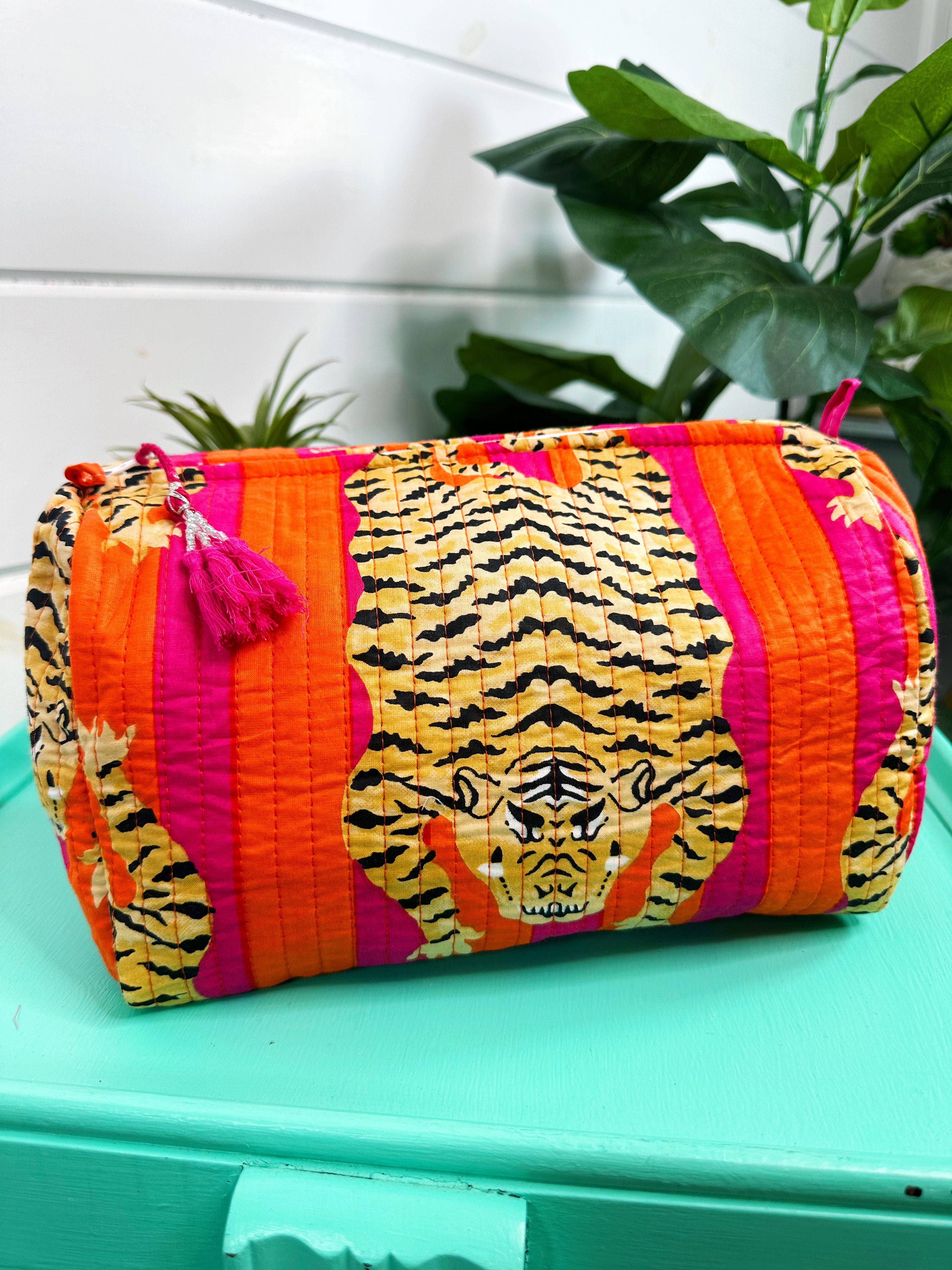 Orange and Pink Tiger Print Quilted Makeup Cosmetics Toiletry Bag