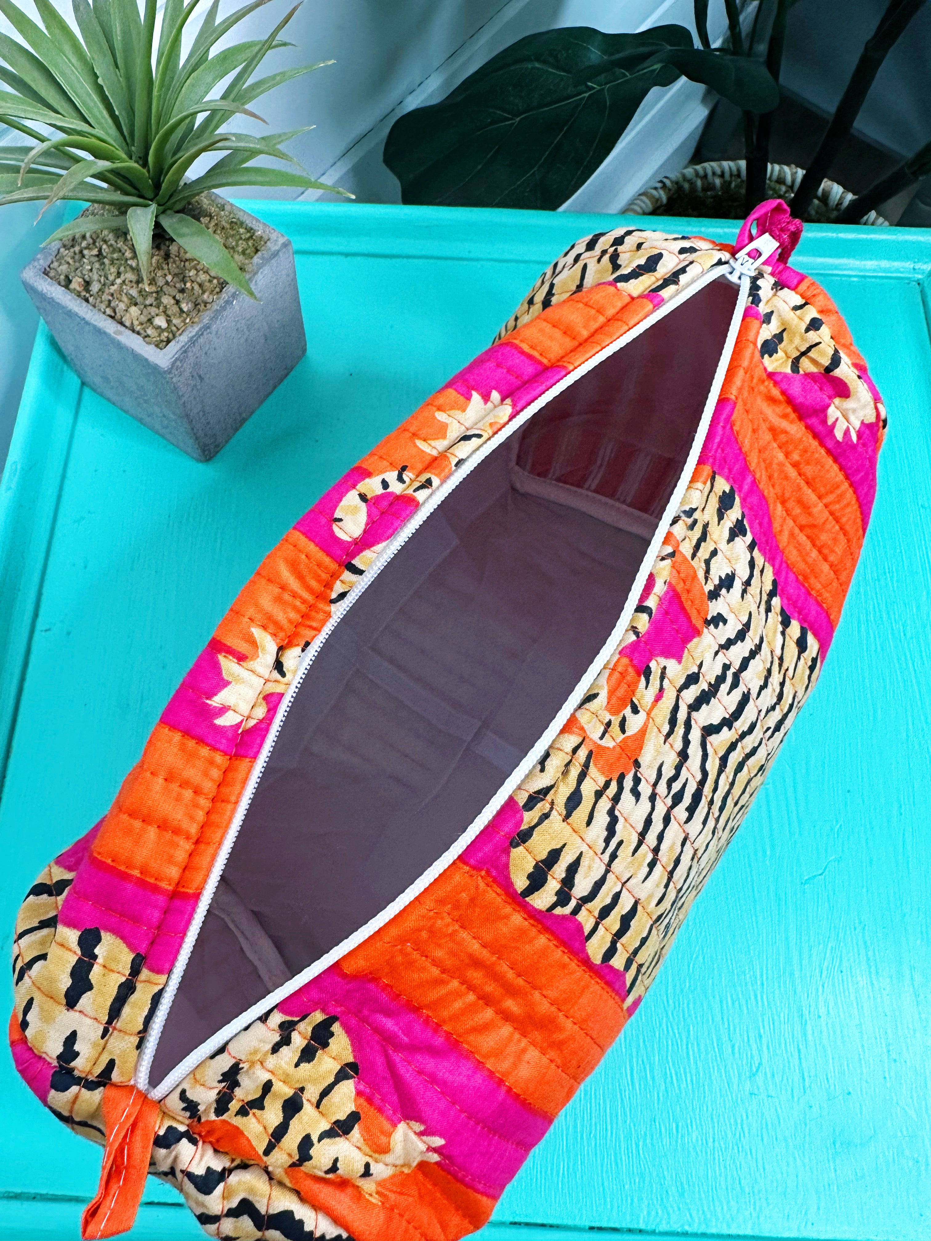 Orange and Pink Tiger Print Quilted Makeup Cosmetics Toiletry Bag
