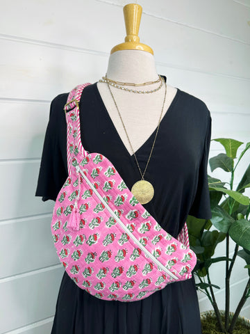 Pink Floral Quilted Belt Bag Crossbody Sling Fanny Pack