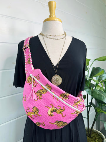 Pink Tigers Quilted Belt Bag Crossbody Sling Fanny Pack