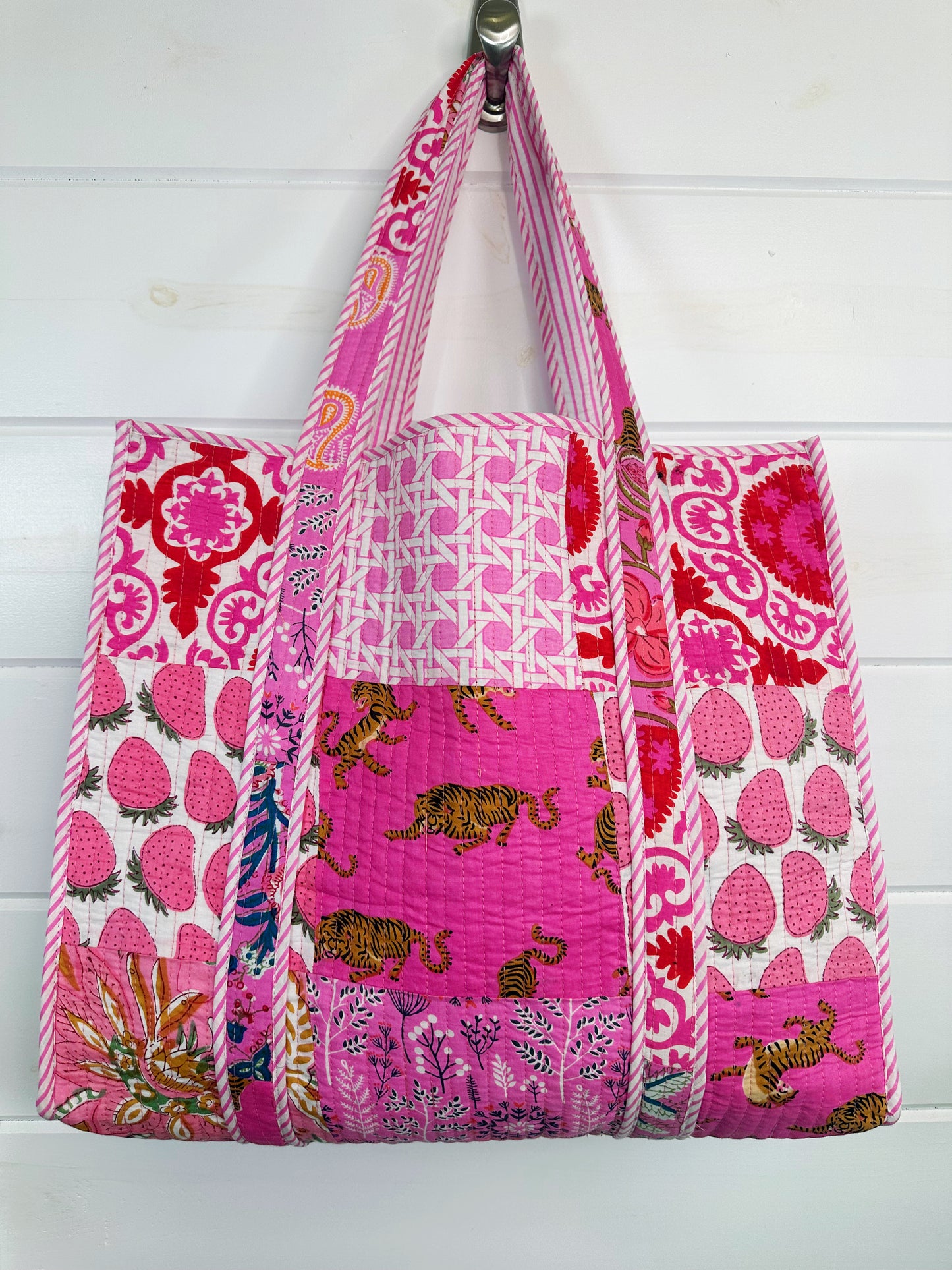 Pink Patchwork Cotton Quilted Large Shopping Tote Bag